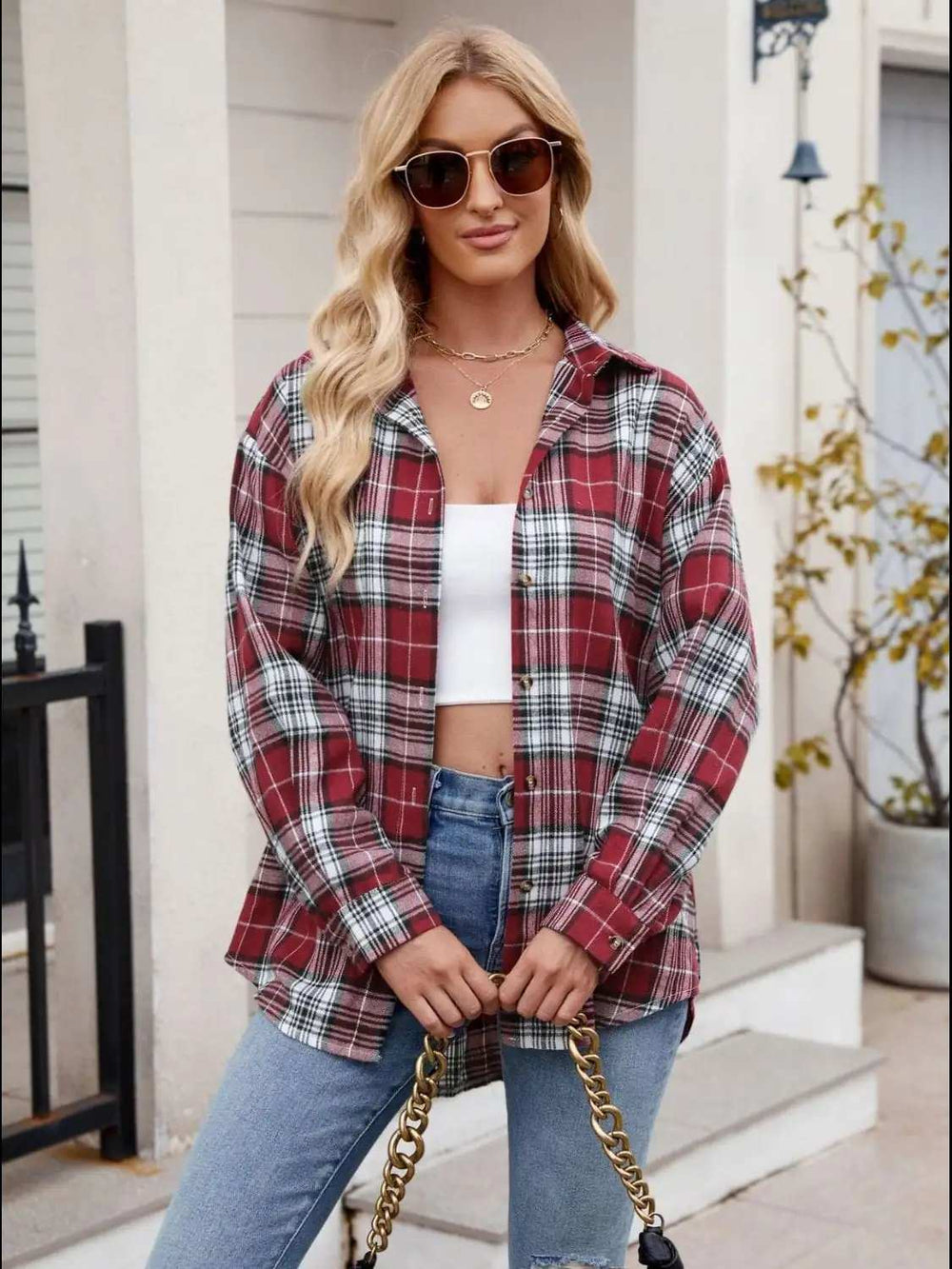 Pocketed Plaid Collared Neck Long Sleeve Shirt - Trendsi - Flyclothing LLC