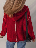 Contrast Trim Textured Knit Drawstring Hooded Sweater - Trendsi - Flyclothing LLC