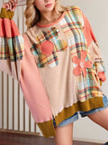 Slit Plaid Round Neck Long Sleeve Sweatshirt - Trendsi - Flyclothing LLC