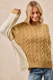 BiBi Cable Knit With Hacci Combo Sweater With Uneven Hem Detail - Trendsi - Flyclothing LLC