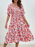 Smocked Floral Square Neck Short Sleeve Dress - Trendsi - Flyclothing LLC