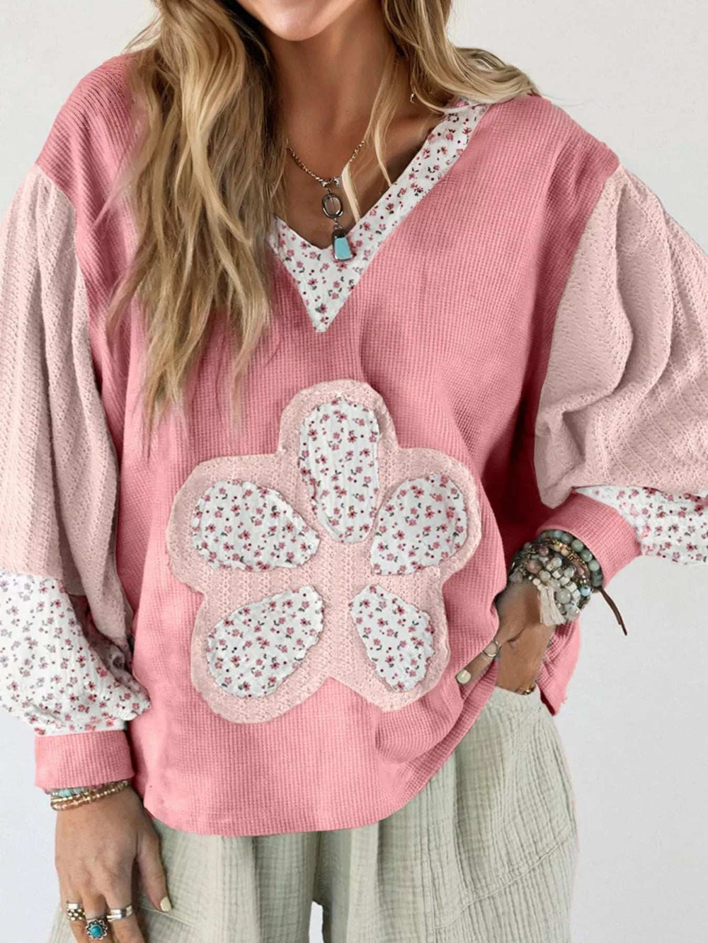 Floral Patch V-Neck Sweatshirt - Trendsi - Flyclothing LLC