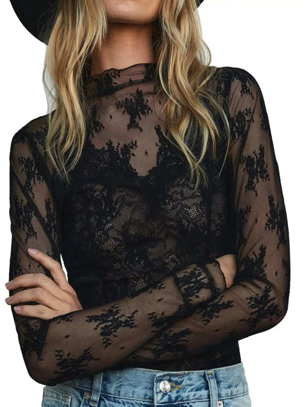 Lace Mock Neck Long Sleeve Blouse - Trendsi - Flyclothing LLC