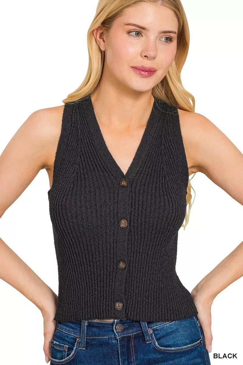 Zenana Ribbed Knit Button-Down Sweater Vest - Trendsi - Flyclothing LLC