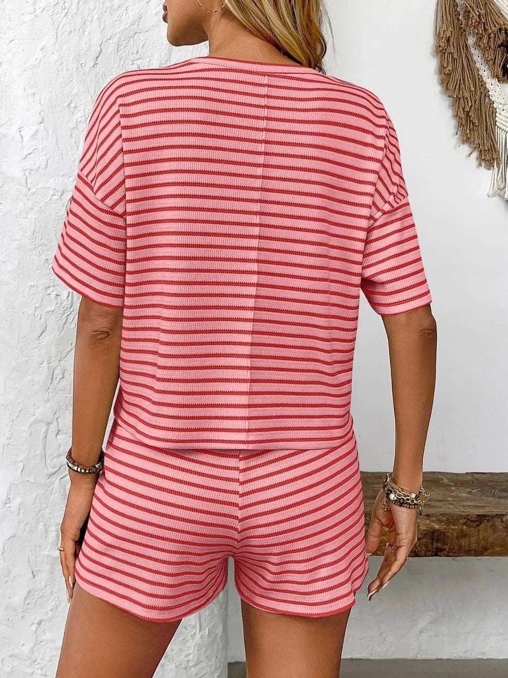 Striped Round Neck Short Sleeve Top and Shorts Set - Trendsi - Flyclothing LLC