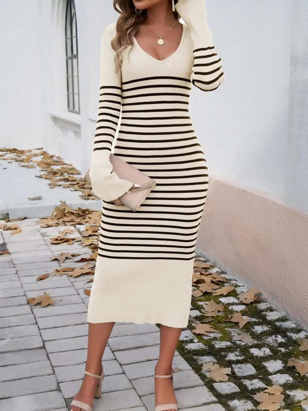 Striped V-Neck Long Sleeve Sweater Dress - Trendsi - Flyclothing LLC
