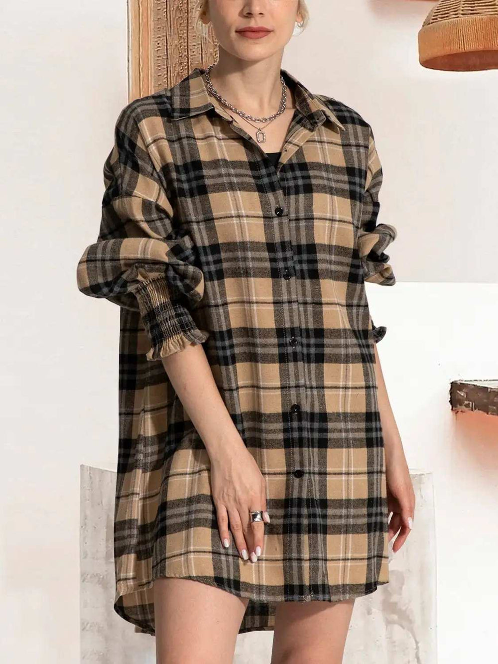Button Up Plaid Long Sleeve Shirt Dress - Trendsi - Flyclothing LLC