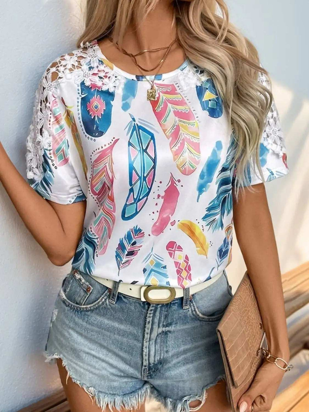 Printed Round Neck Lace Short Sleeve Top - Trendsi - Flyclothing LLC