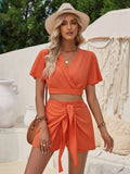 Surplice Flutter Sleeve Top and Tied Shorts Set - Trendsi - Flyclothing LLC