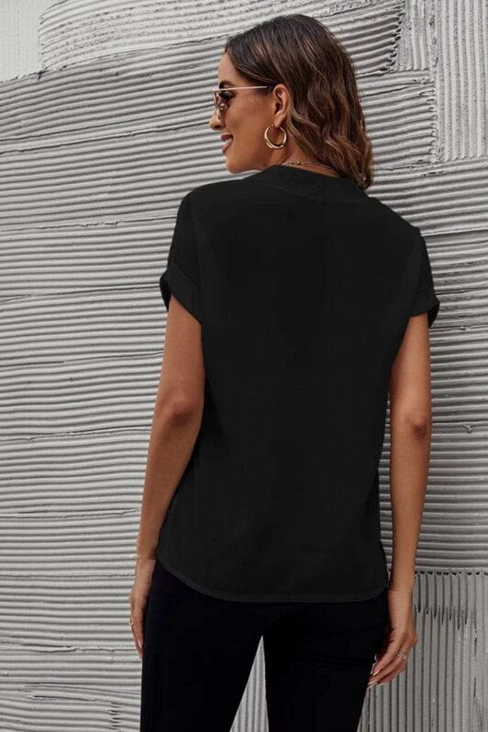 Full Size Notched Short Sleeve Blouse - Trendsi - Flyclothing LLC