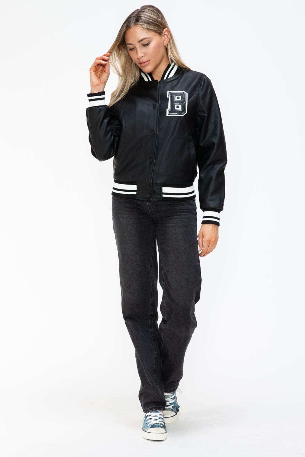 Love Me Now PU Leather Contrast Snap Down Bomber Jacket - Trendsi - Flyclothing LLC
