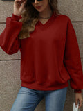 V-Neck Long Sleeve Dropped Shoulder Sweatshirt - Trendsi - Flyclothing LLC