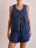 Tie Front Vest and Shorts Denim Set - Trendsi - Flyclothing LLC