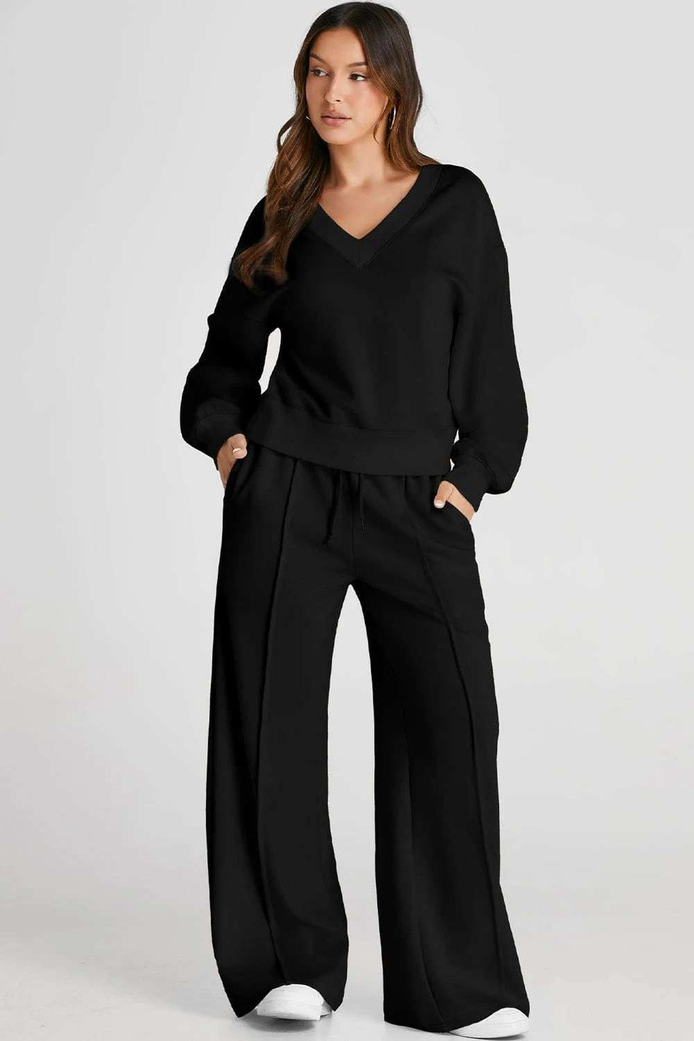 V-Neck Long Sleeve Top and Pants Active Set - Trendsi - Flyclothing LLC