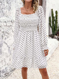 Smocked Polka Dot Long Sleeve Dress - Trendsi - Flyclothing LLC