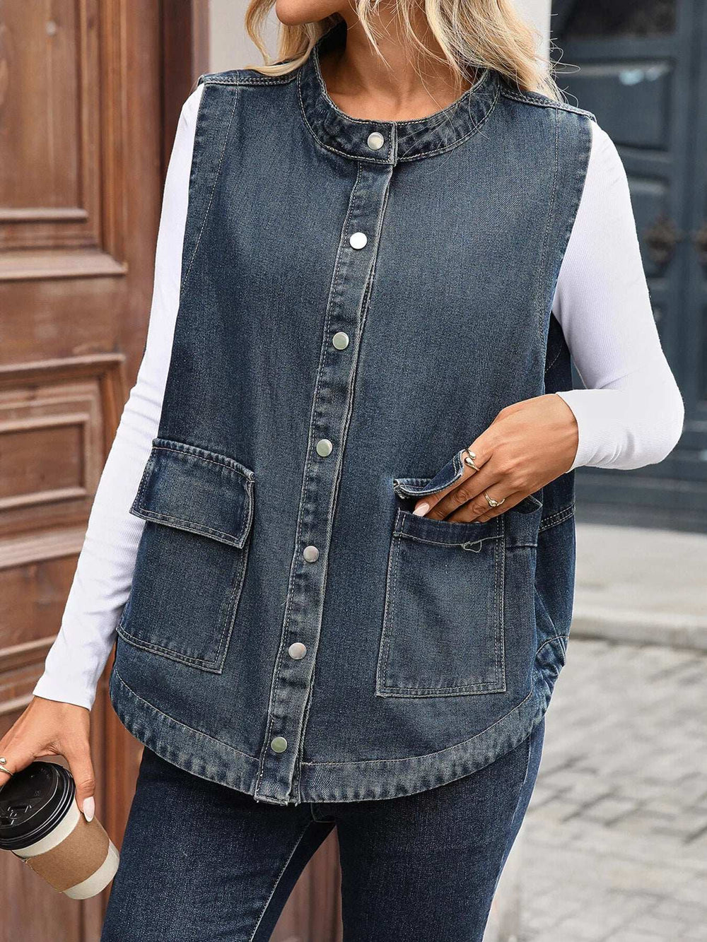 Snap Down Sleeveless Denim Jacket - Trendsi - Flyclothing LLC