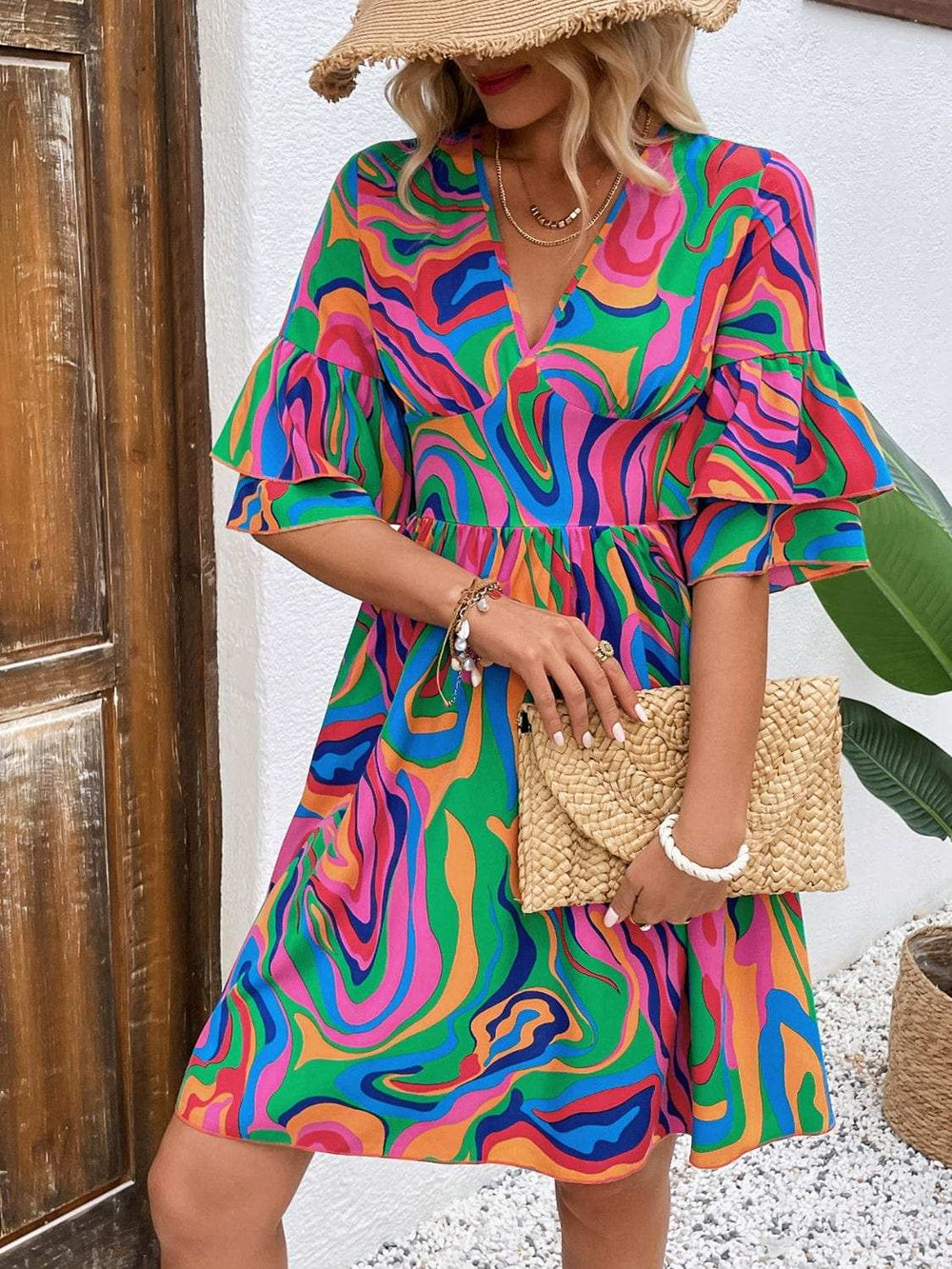 Ruffled Printed V-Neck Half Sleeve Mini Dress - Trendsi - Flyclothing LLC