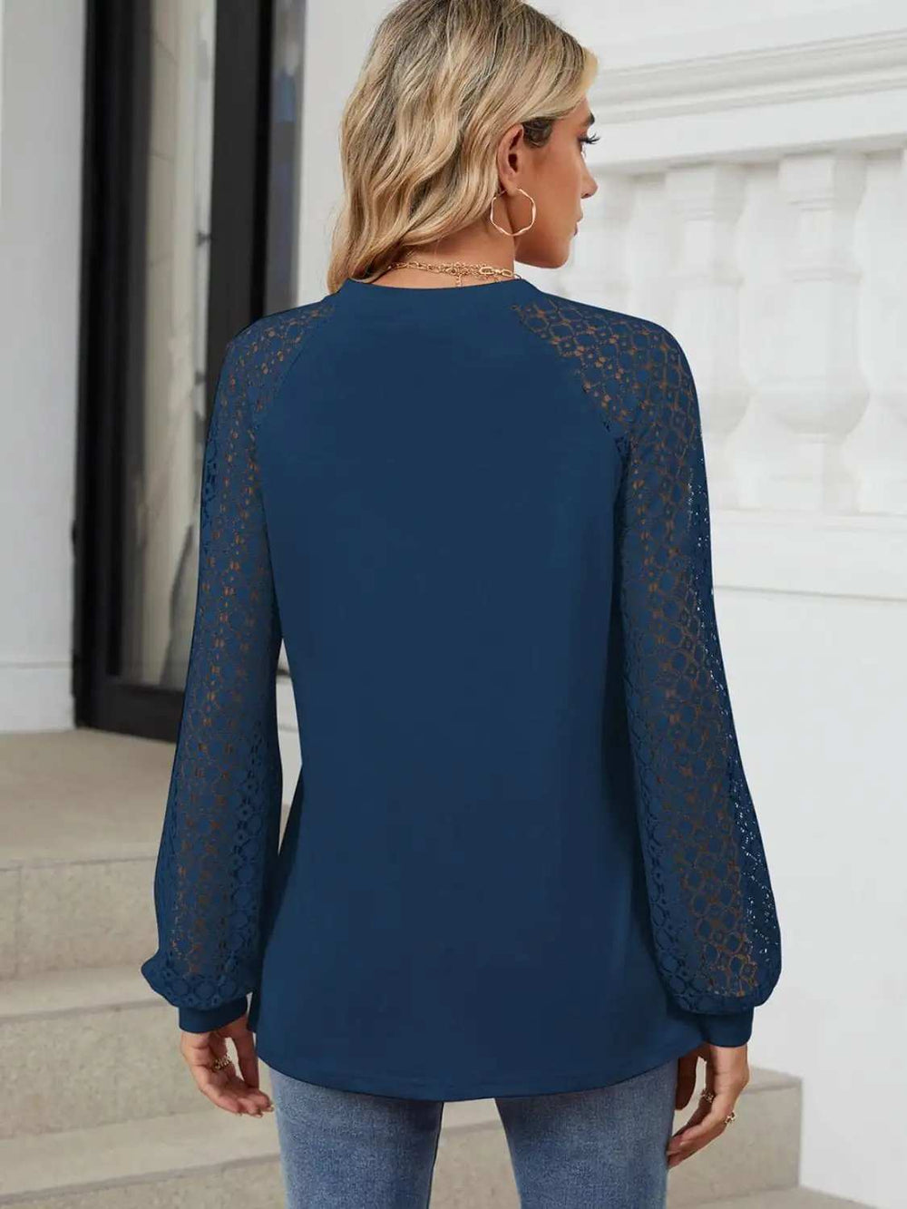 Round Neck Lace Long Sleeve Top - Trendsi - Flyclothing LLC