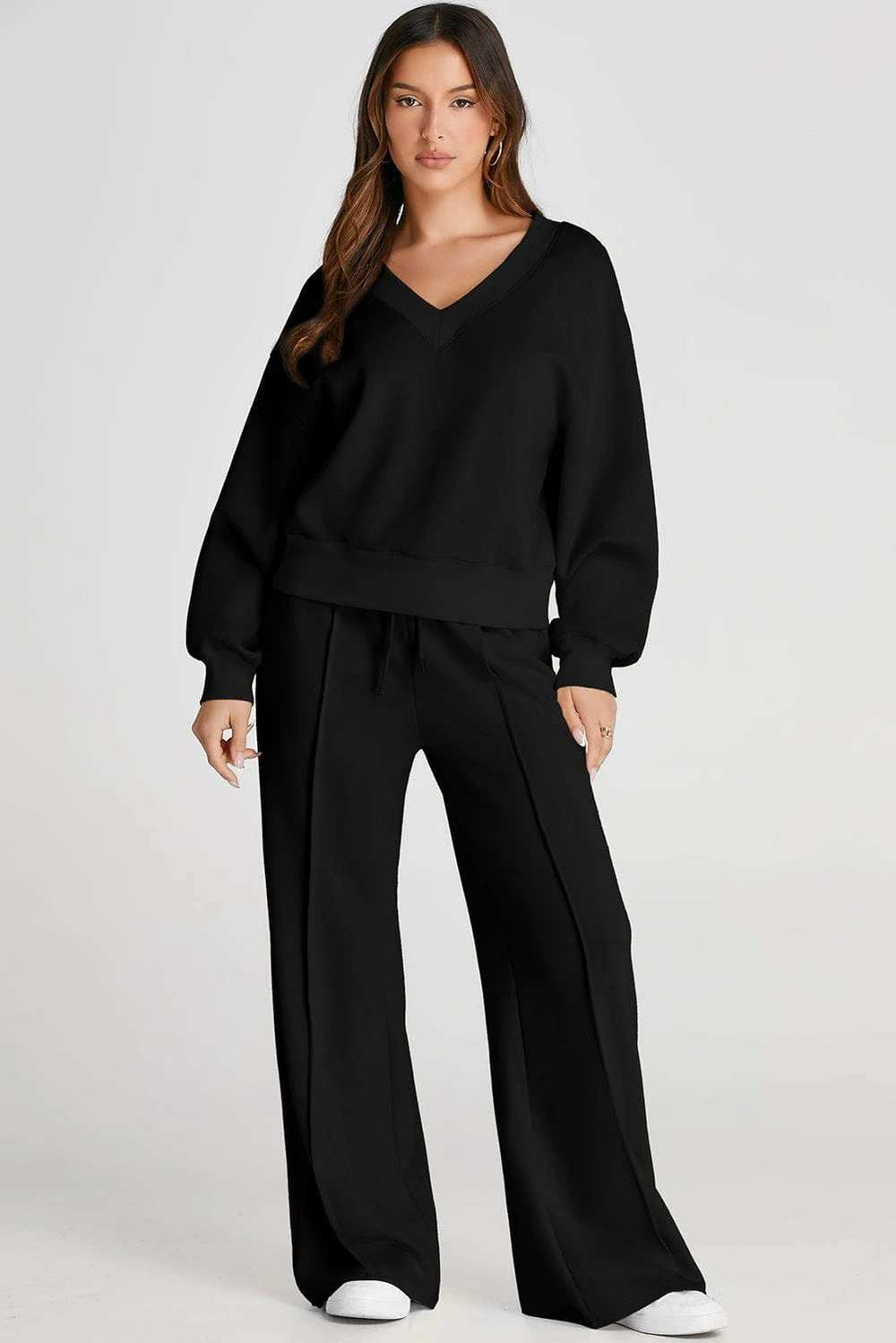 V-Neck Long Sleeve Top and Pants Active Set - Trendsi - Flyclothing LLC