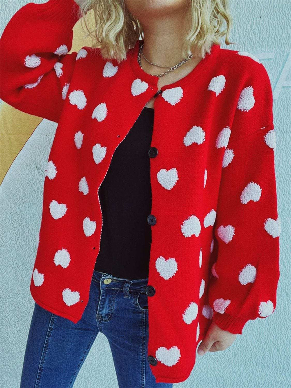 Heart Button Up Long Sleeve Cardigan - Trendsi - Flyclothing LLC