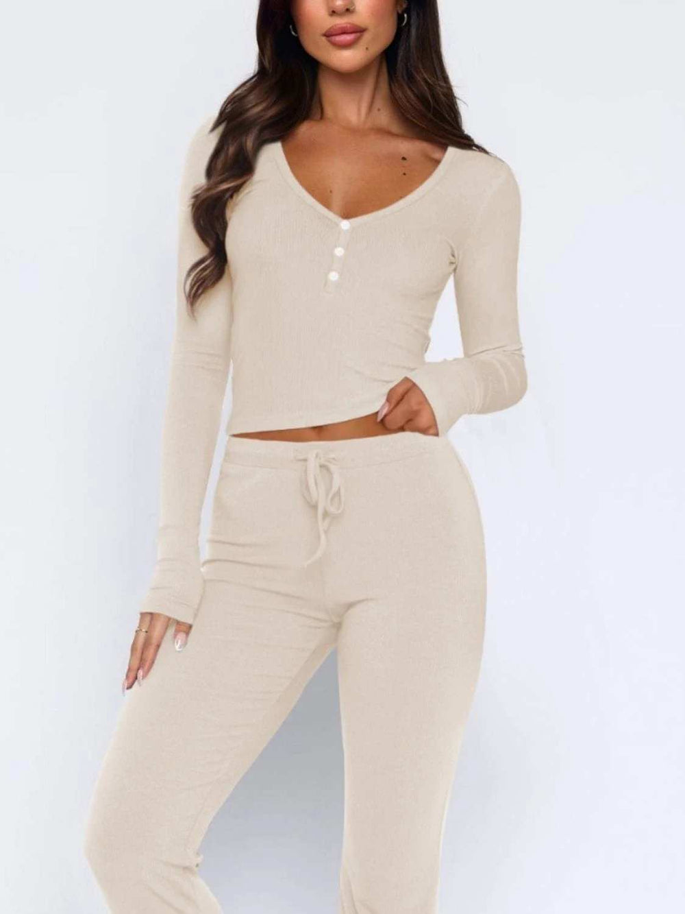 V-Neck Long Sleeve Top and Pants Set - Trendsi - Flyclothing LLC