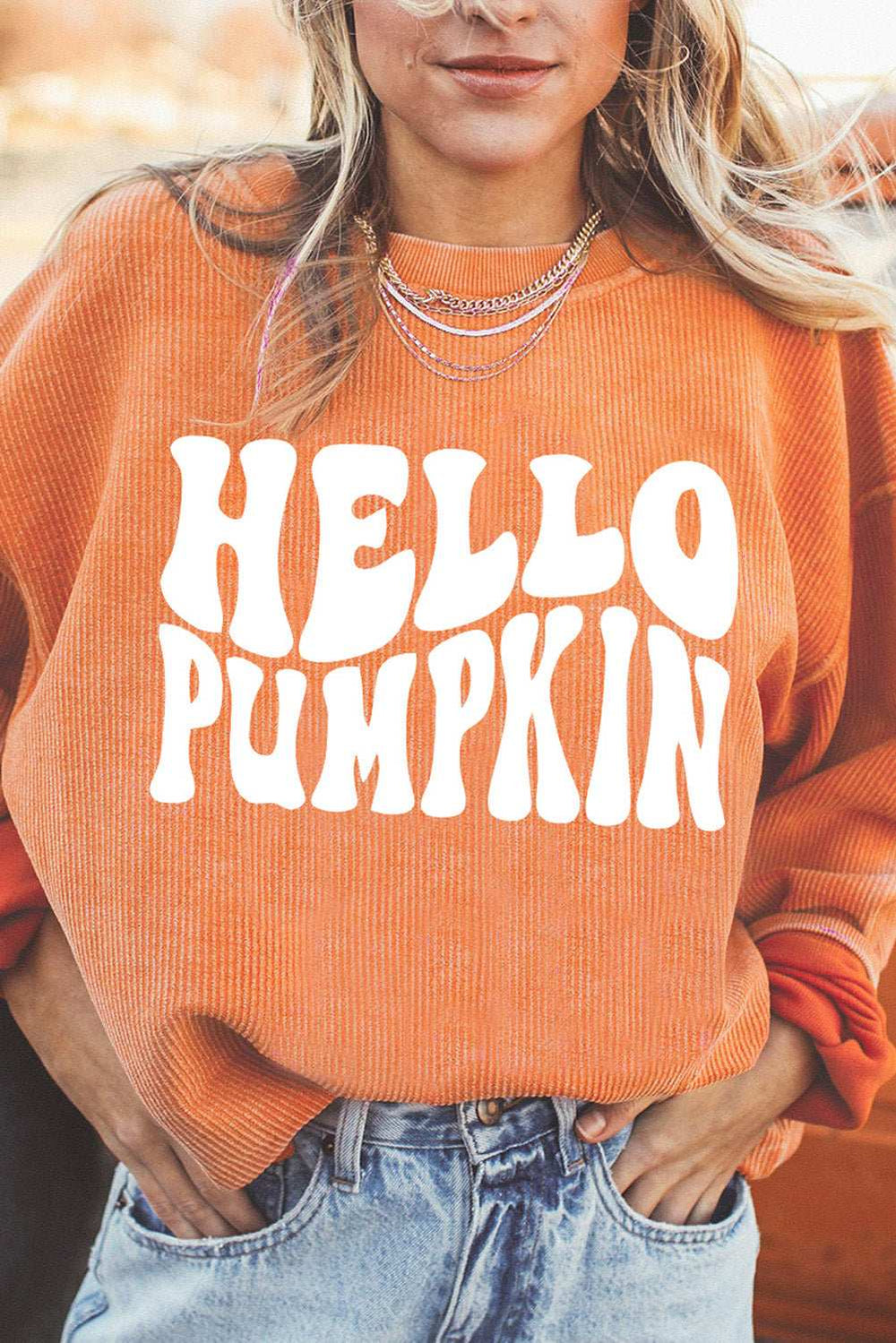 Round Neck Dropped Shoulder HELLO PUMPKIN Graphic Sweatshirt - Trendsi - Flyclothing LLC