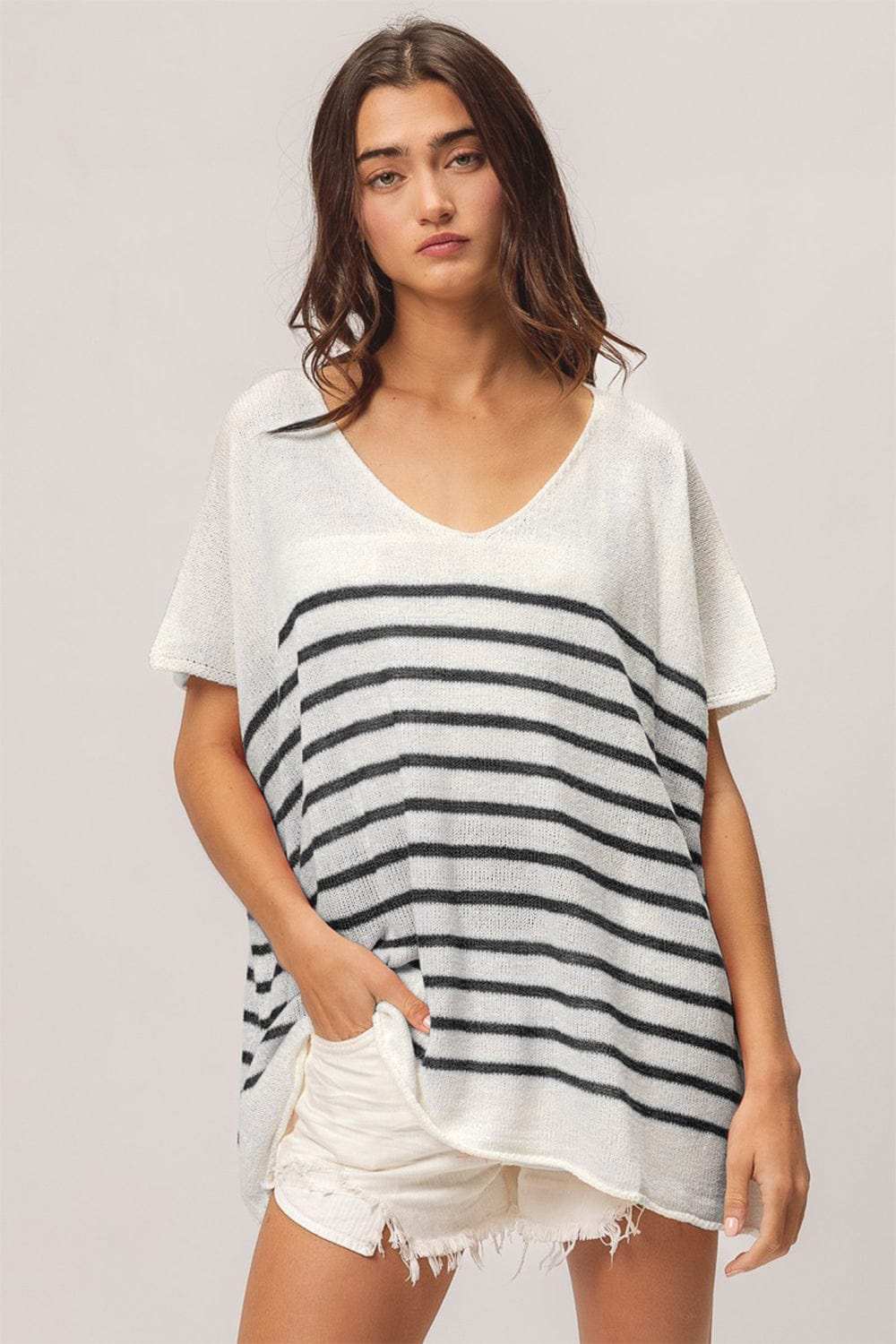 BiBi V Neck Striped Short Sleeve Top - Trendsi - Flyclothing LLC