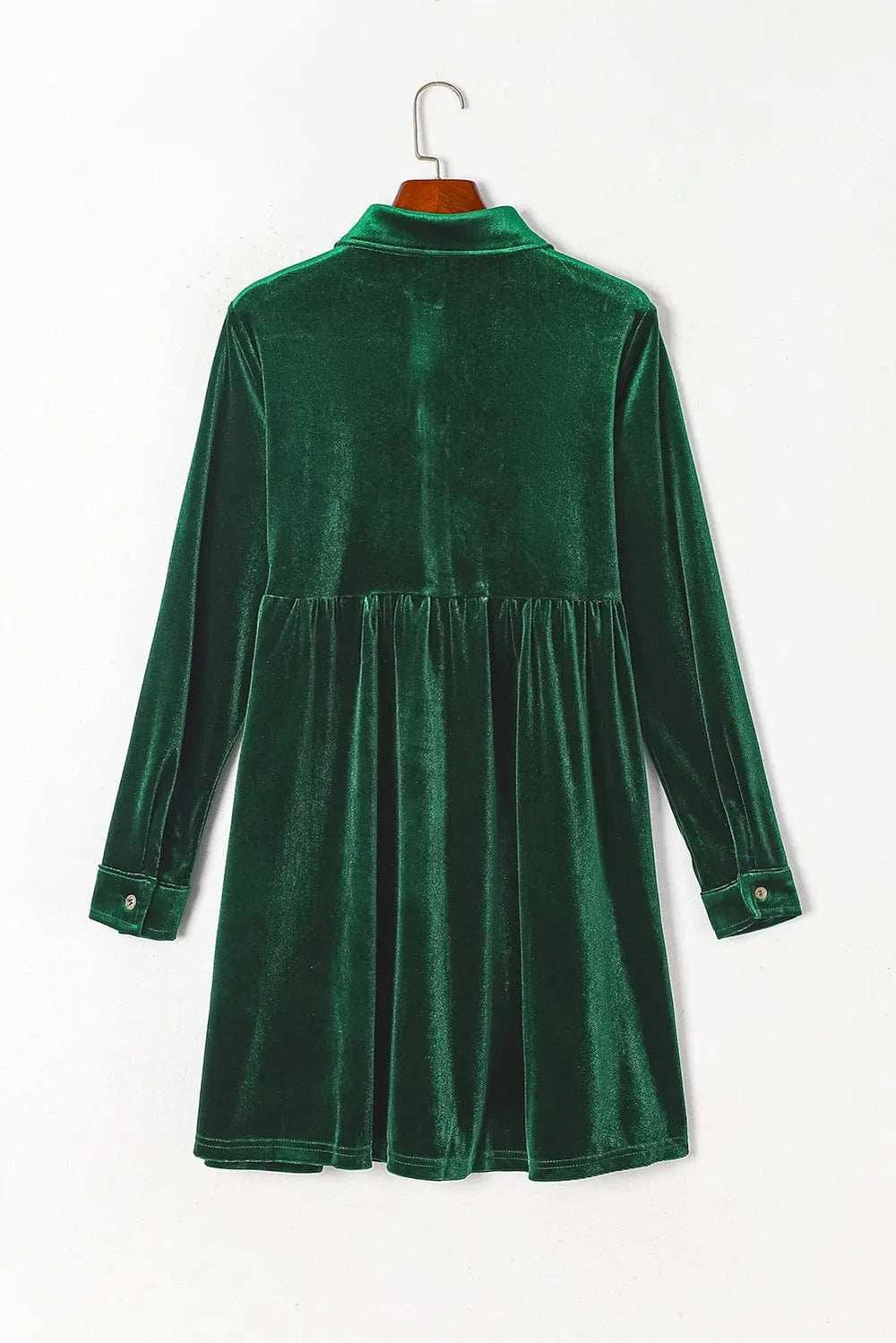 Ruched Button Up Collared Neck Long Sleeve Shirt Dress - Trendsi - Flyclothing LLC