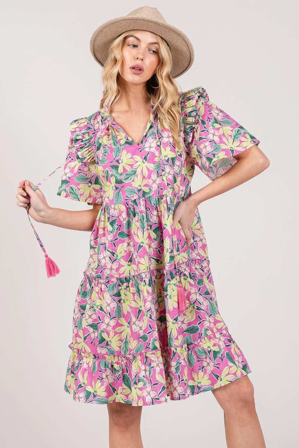 SAGE + FIG Floral Ruffle Short Sleeve Dress - Trendsi - Flyclothing LLC
