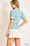 Umgee Smocked Short Sleeve Button-Front Shirt with Peter Pan Collar - Trendsi - Flyclothing LLC