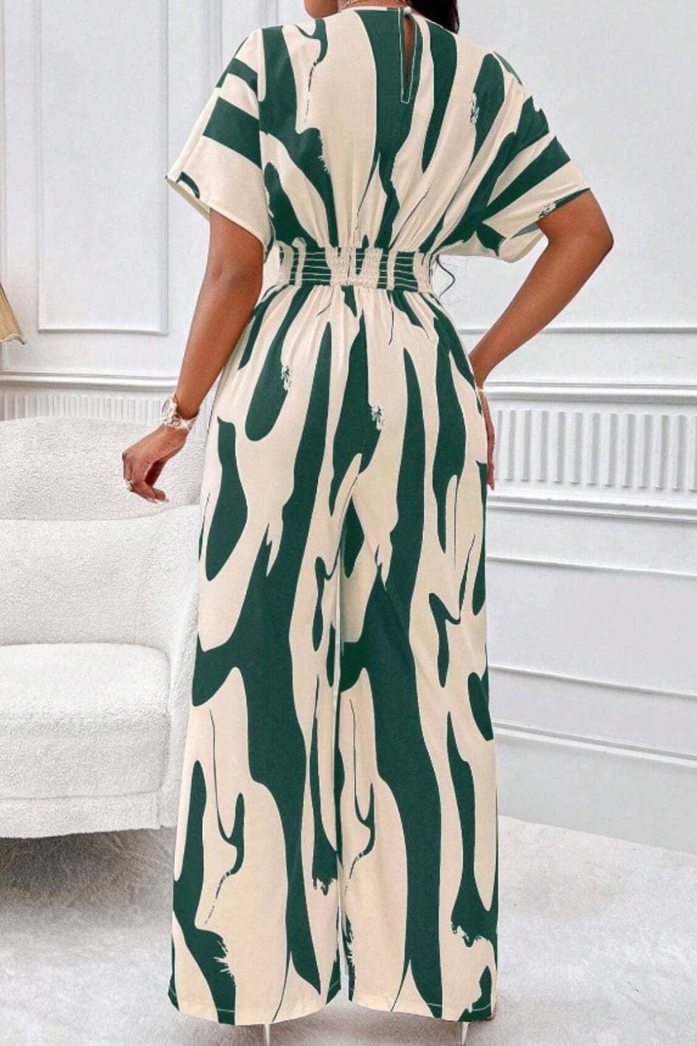 Printed V-Neck Short Sleeve Wide Leg Jumpsuit - Trendsi - Flyclothing LLC