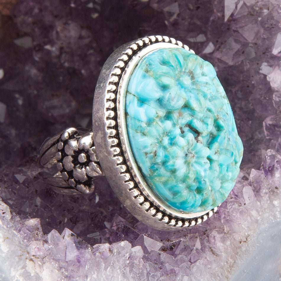 Carved Blue Turquoise and Sterling Silver Cocktail Ring - Barse Jewelry - Flyclothing LLC