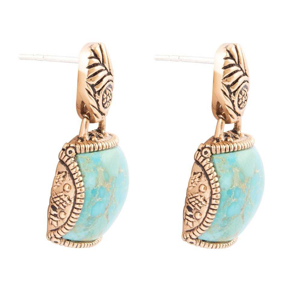Carved Blue Turquoise Golden Drop Earrings - Barse Jewelry - Flyclothing LLC