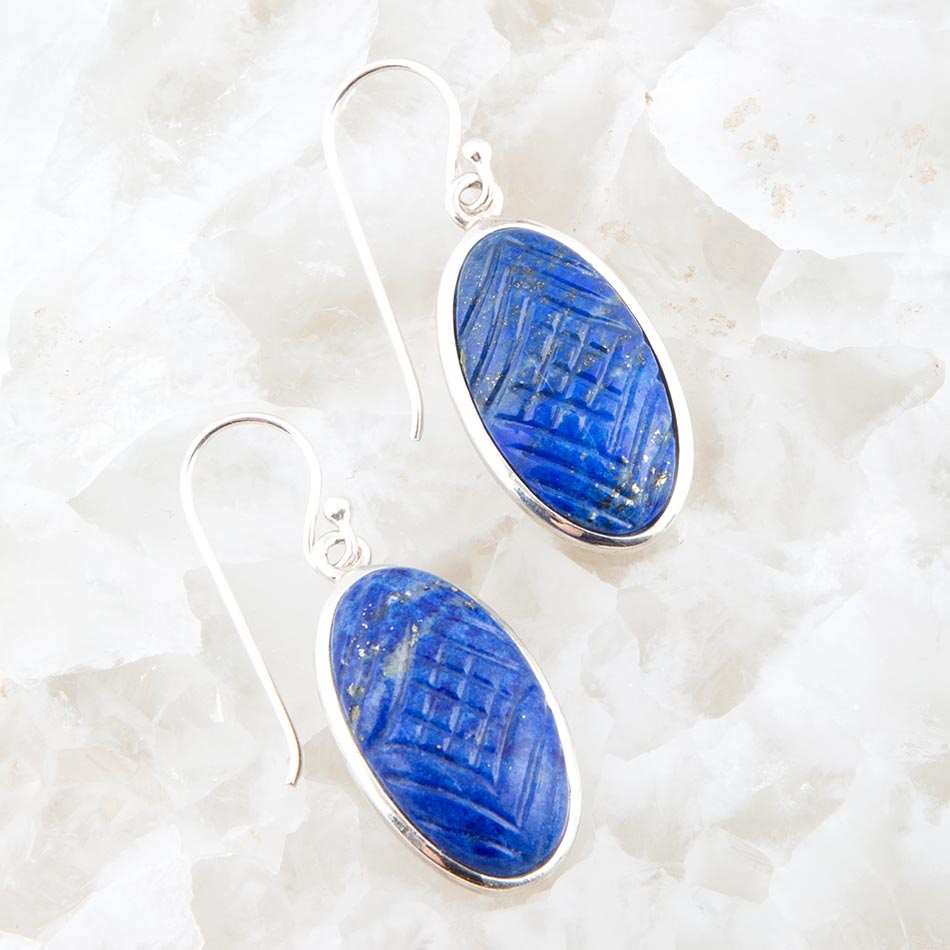 Carved Blue Lapis Sterling Silver Drop Earrings - Barse Jewelry - Flyclothing LLC