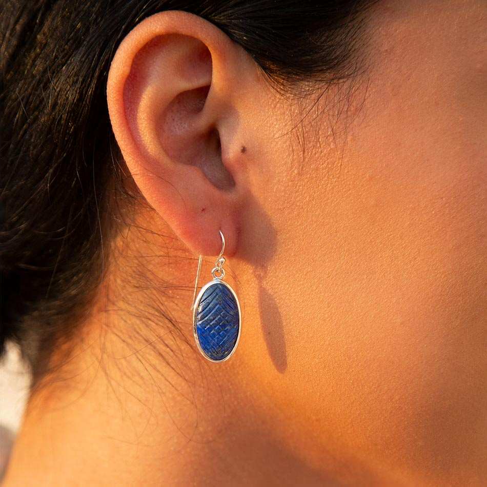 Carved Blue Lapis Sterling Silver Drop Earrings - Barse Jewelry - Flyclothing LLC
