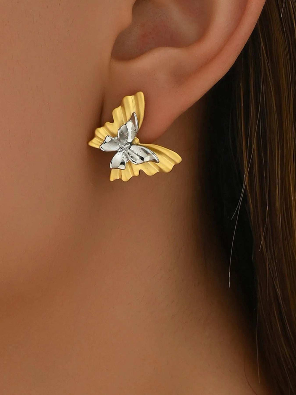 Two-Tone Stainless Steel Butterfly Earrings - Trendsi - Flyclothing LLC