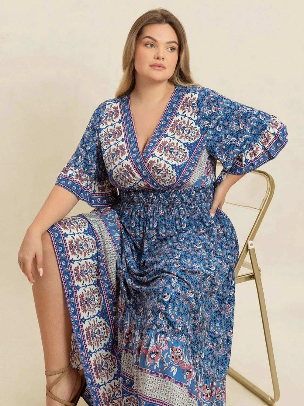 Plus Size Printed Surplice Half Sleeve Dress - Trendsi - Flyclothing LLC