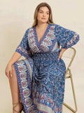 Plus Size Printed Surplice Half Sleeve Dress - Trendsi - Flyclothing LLC