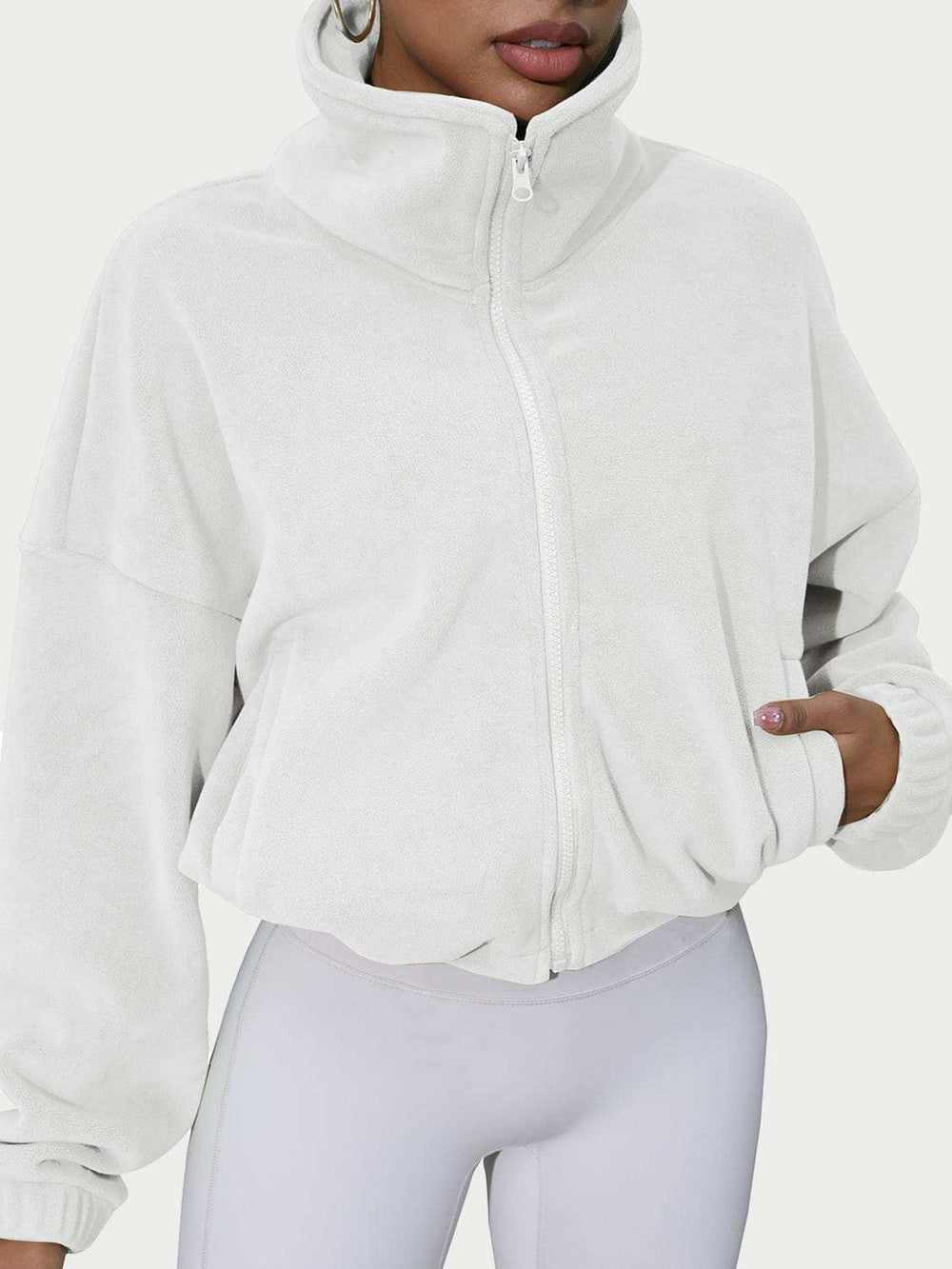 Drawstring Turtleneck Zip Up Long Sleeve Jacket - Trendsi - Flyclothing LLC