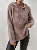 High-Low Side Slit Drawstring Long Sleeve Hooded Sweater - Trendsi - Flyclothing LLC