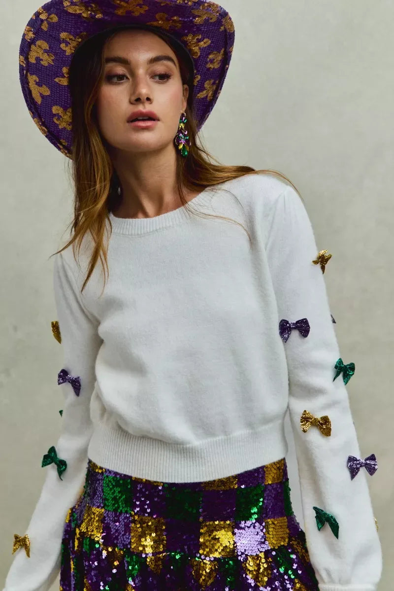 SO ME Mardi Gras Glitter Bow Ribbon Sweater Knit Top - Trendsi - Flyclothing LLC