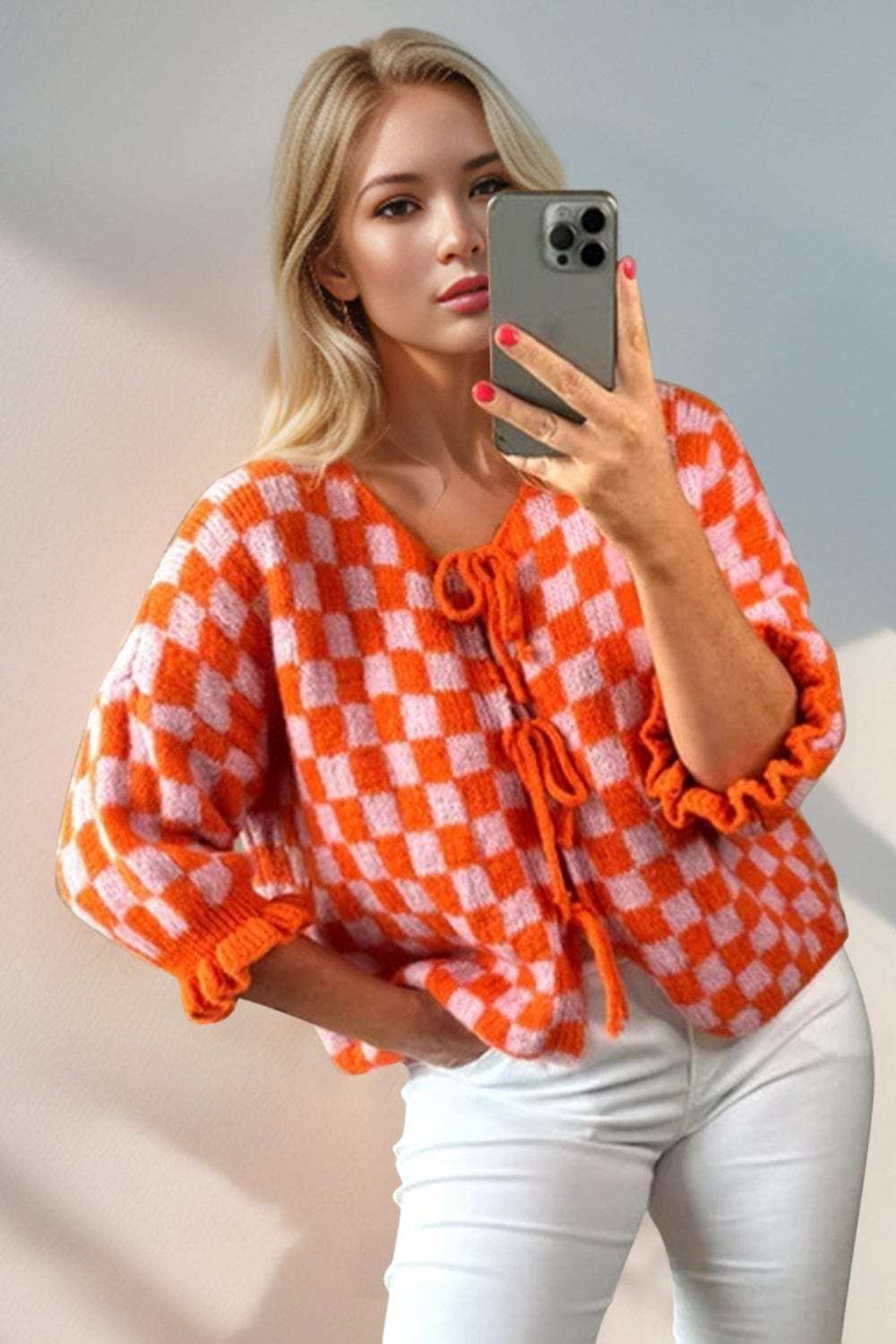 Double Take Tied Checkered Dropped Shoulder Flounce Sleeve Cardigan - Trendsi - Flyclothing LLC