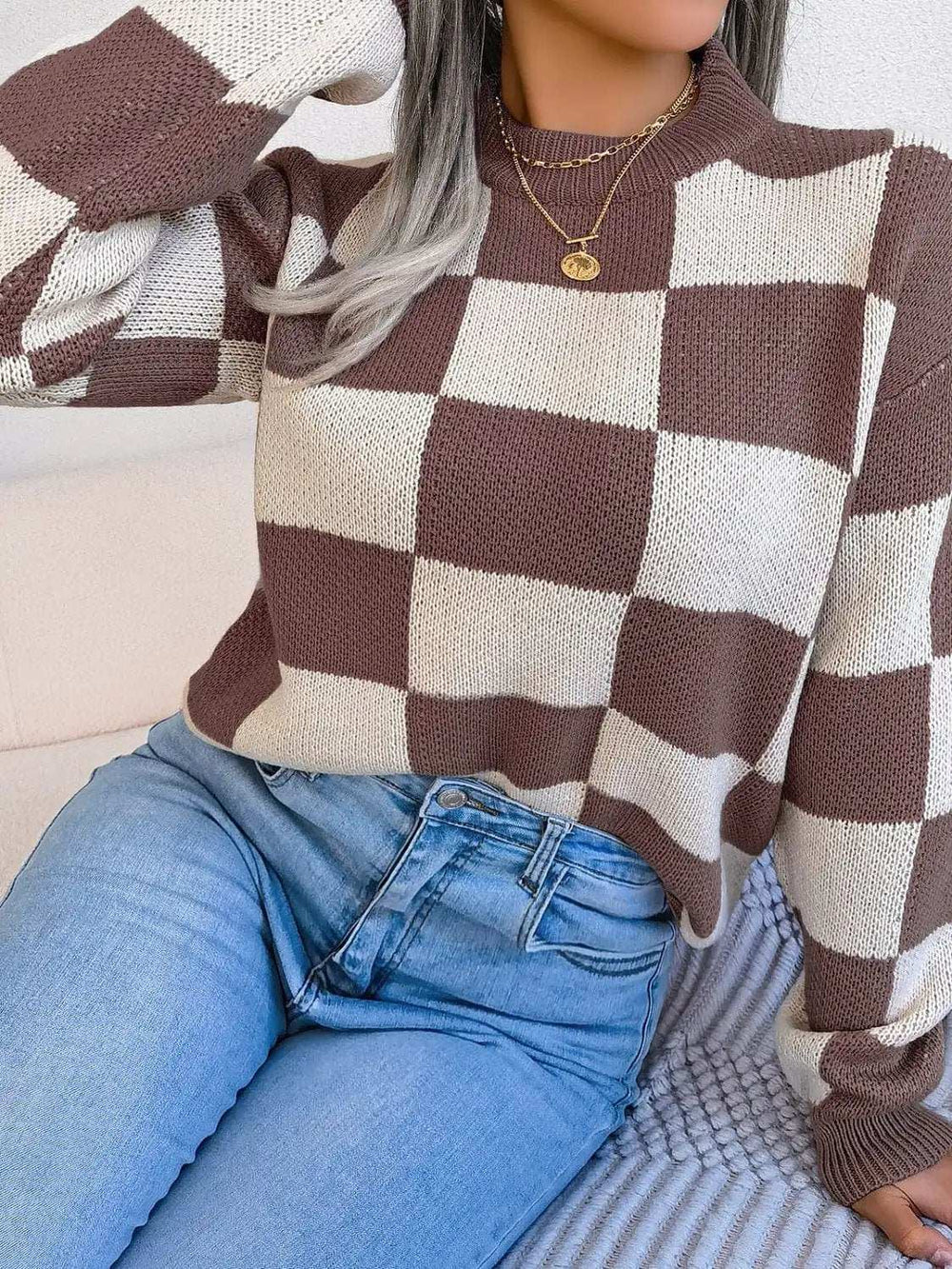 Checkered Mock Neck Long Sleeve Sweater - Trendsi - Flyclothing LLC