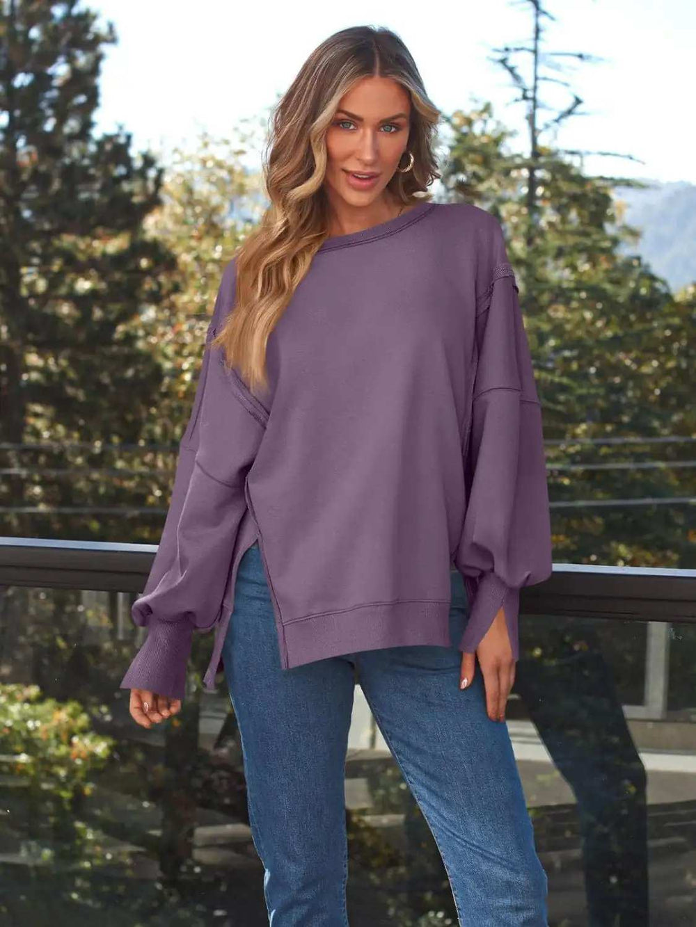 Slit Round Neck Long Sleeve Sweatshirt - Trendsi - Flyclothing LLC