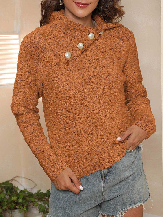 Asymmetric Collared Neck Long Sleeve Sweater - Trendsi - Flyclothing LLC