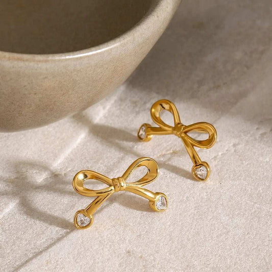 Stainless Steel Inlaid Zircon Bow Earrings - Trendsi - Flyclothing LLC