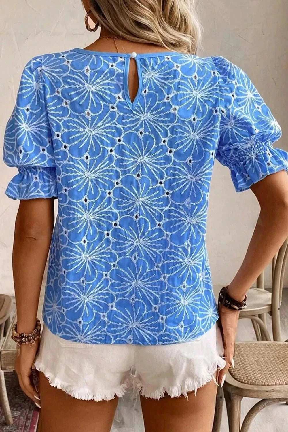 Eyelet Flower Embroidery Flounce Sleeve Blouse - Trendsi - Flyclothing LLC