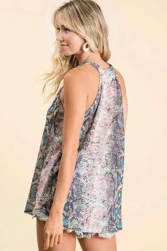BiBi Snakeskin Print Low Gauge Hacci Knit Halter - Trendsi - Flyclothing LLC