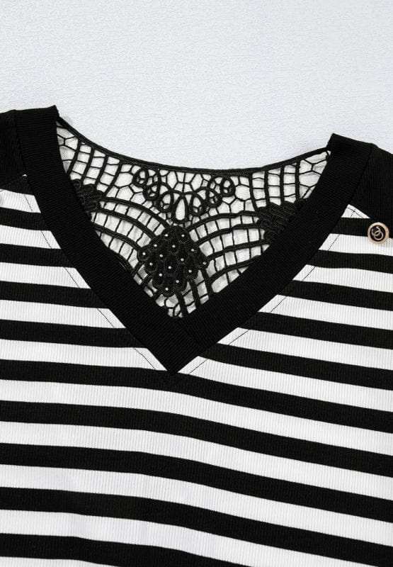 Striped Lace Detail V Neck Top - Trendsi - Flyclothing LLC