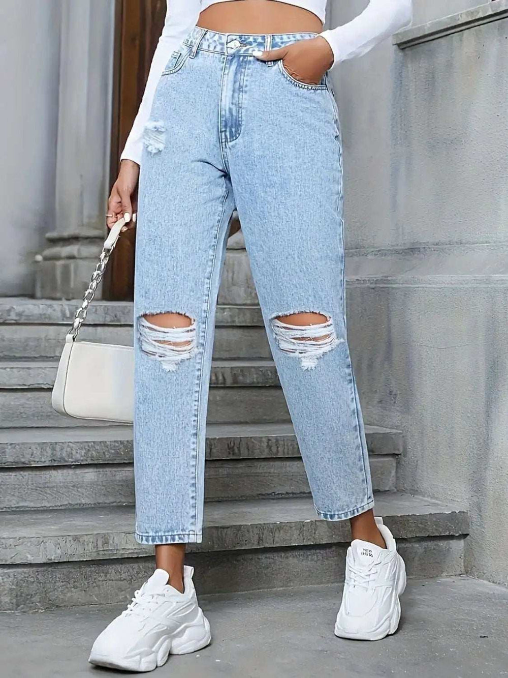 Distressed High Rise Jeans with Pockets - Trendsi - Flyclothing LLC